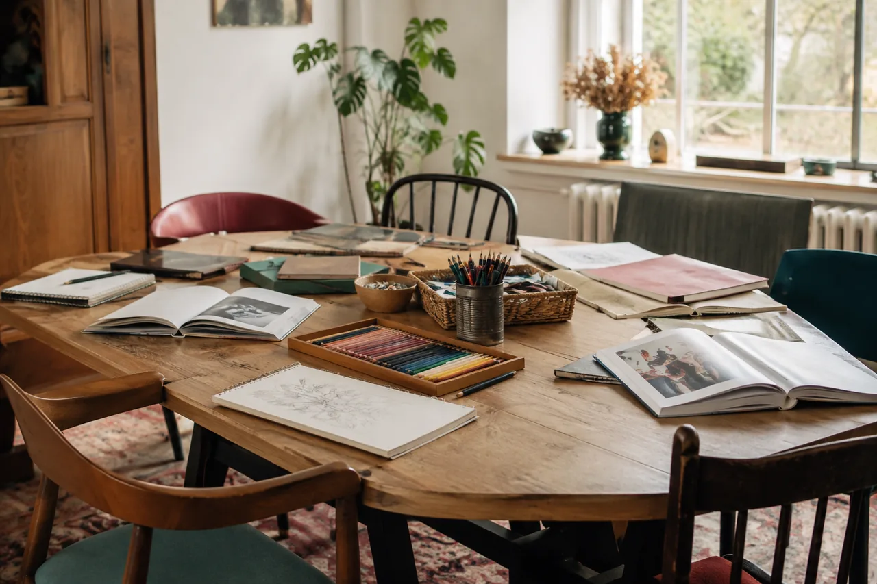 Une table d'atelier préparée avec carnets, crayons de couleur, livres et matériel de papier, avant l'arrivée des participants.
